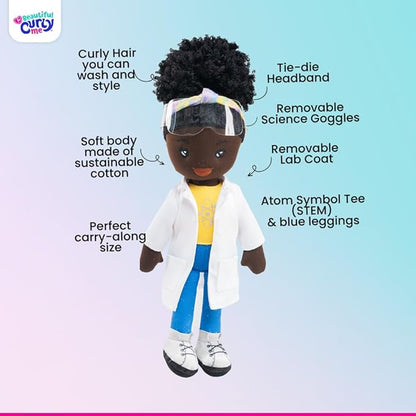 (Binta) Black Plush Doll – 14″ Soft African American Plush Rag Doll for Girls 3+ – Washable, Removable Lab Coat & Goggles – Inspires Confidence, STEM Learning & Representation – Gift Toy for Kids