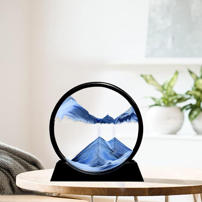 Aoderun Moving Sand Art Picture Round Glass 3D Deep Sea Sandscape in Motion Display Flowing Sand Frame Relaxing Desktop Home Office Work Decor (12", Blue)