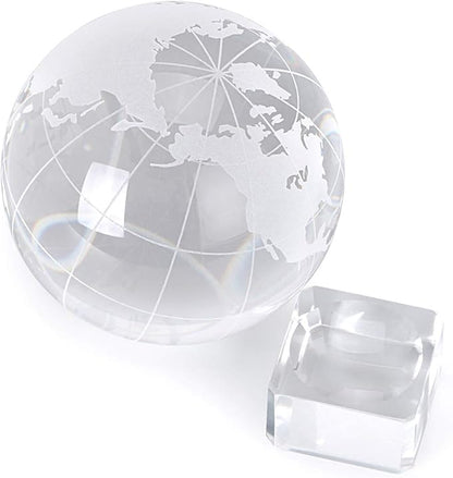OwnMy 80mm World Globe Crystal Ball Glass Sphere Display Globe Paperweight Healing Meditation Ball with Clear Stand for Creative Gift