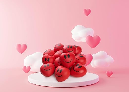 Neliblu Set of 12 Heart Stress Balls - 3-Inch Valentines Stress Balls - Red Squishy Heart Foam Balls - Smiley Face Heart Shaped Stress Balls for Adults - Fun Party Favors and Gifts for Kids