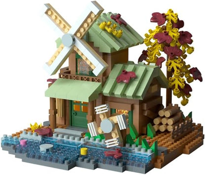 Windmill Mini Wood Cabin Micro Building Set with LED Light Wooden Forest House Block Toy with Tree Log Stem Houses Construction Model for Adults Teens Birthday Gift