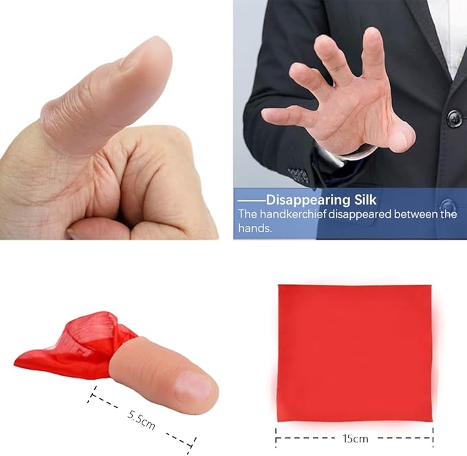 Neliky Magic Tricks Kit Including 6 Classic Tricks - Bite Coin, Color Change Silk, Disappearing Silk Fake Thumb,Magic Ring Chains,Magic Light Up Finger Thumb, Autorotation Rotating Nut