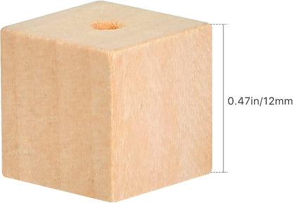 Supkiir Wood Craft Cubes, 100Pcs Wooden Craft Blocks with Holes, Unfinished Wood Cubes for DIY Projects Alphabet, Small Wooden Square Blocks (0.47in-12mm)