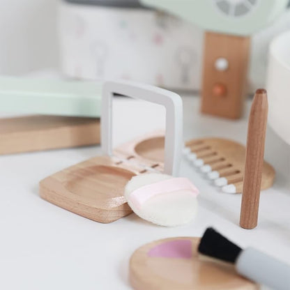 Wooden Makeup Toy Set Pretend Wood Beauty Salon Toys Toddler Wooden Makeup Kit for Girls 16PC