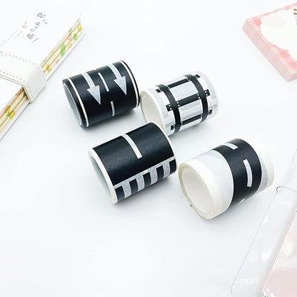 YUBX Highway Washi Tape Set 4 Rolls Black & White Decorative Masking Tapes for Arts, DIY Crafts, Journals, Planners, Scrapbook, Wrapping 50mm x 5m (2" x 16')