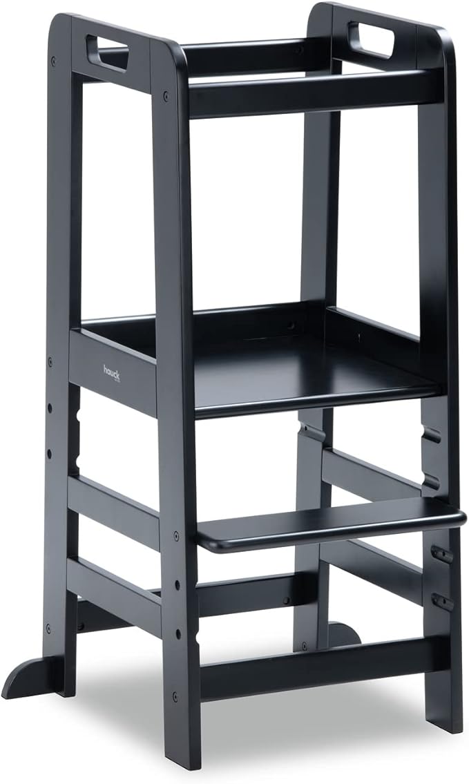 Hauck Learn N Explore Montessori Toddler Tower, Adjustable Wooden Kitchen & Bathroom Step Stool Helper for Home Use with Kids Ages 1+, Black