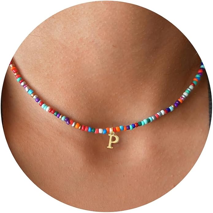 Yoosteel Colorful Beaded Initial Necklaces for Girls Gifts - Cute Initial Necklaces for Girls Kids Jewelry A-Z Letter Choker Necklace for Women Birthday Gifts for Teens Daughter Niece Granddaughter