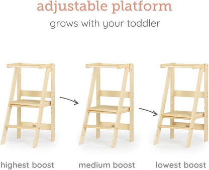 dadada Baby Foldable Montessori Tower - Adjustable Kitchen Step Stool for Kids with Safety Rail, Non-Toxic Finish, Great for Small Space Living (Natural)