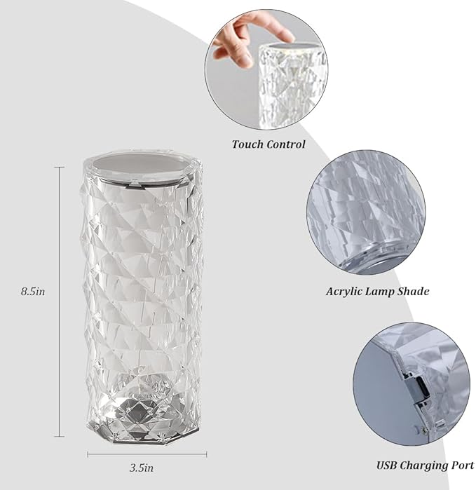 Portable Crystal Table Lamp, 3-Color Touch Control Rechargeable Night Light, Bedside & Desk Lamp for Bedroom, Living Room, Kitchen & Dining Room (3-Color Rose)