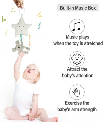 Baby Hanging Musical Toy With Music Box, Lullaby Pull Sensory for Babies Boys and Girls, Clip On Infant Pram Pushchair Cribs Strollers Car Seats, Star