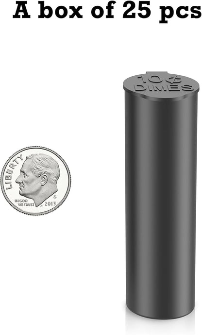 Coin Storage Tubes Set,50 Coins per Tube, Durable Plastic ，Dimes, Black ，a Box 25pcs