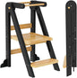 Toddler Tower, Foldable Step Stool for Toddlers, Toddler Kitchen Stool Helper with 3 Adjustable Height Safty Rail and Anti-Tip Structure, Learning Tower for Toddlers Baby Kids