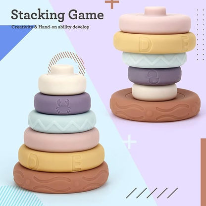 Tudou 6 PCS Baby Girl Stacking & Nesting Toys, Soft Stacking Blocks Ring Stacker, Baby Sensory Teethers with Letter, Animal and Shape, Early Learning Toys for Babies & Toddlers 6 Months