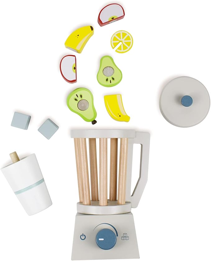 PairPear Wooden Smoothie Blender Toy – 14 Piece Kids Kitchen Accessories Set with Cup, Ice Cubes & Fruit – Pretend Play Juice Maker for Boys & Girls Ages 3+