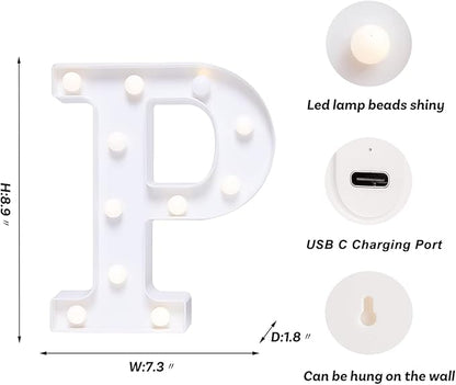 Foaky Rechargeable LED Letter Lights Sign Marquee Light Up Letters Sign for Night Light Wedding/Birthday Party Christmas Lamp Home Bar Decoration (P)
