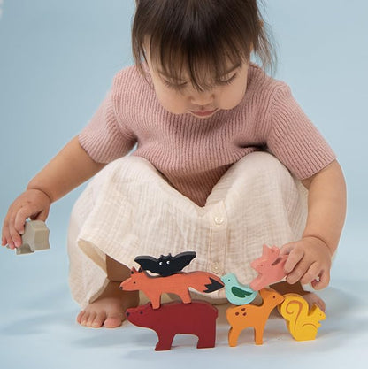Mentari Toys - Happy Stacking Forest - 8pc Wooden Stacking Toy for Toddlers - Colorful Nature Theme Balancing Activity Toy with Bag - Boost Fine Motor Skills and Dexterity - Educational Toy - Age 18m+