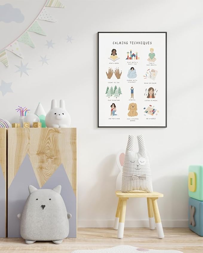 uoyien Calming Corner Classroom Mental health Poster Feelings Calming Techniques Canvas Wall Art Boho Emotions Chart for Kids Prints Special Education Wall Decor for Office 12x16in Metal Framed