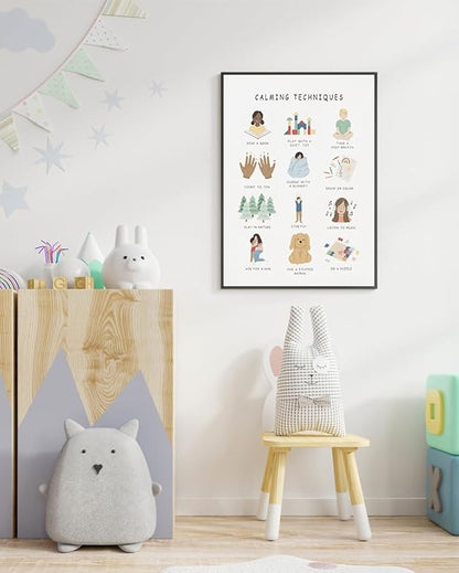 uoyien Calming Corner Classroom Mental health Poster Feelings Calming Techniques Canvas Wall Art Boho Emotions Chart for Kids Prints Special Education Wall Decor for Office 12x16in Metal Framed