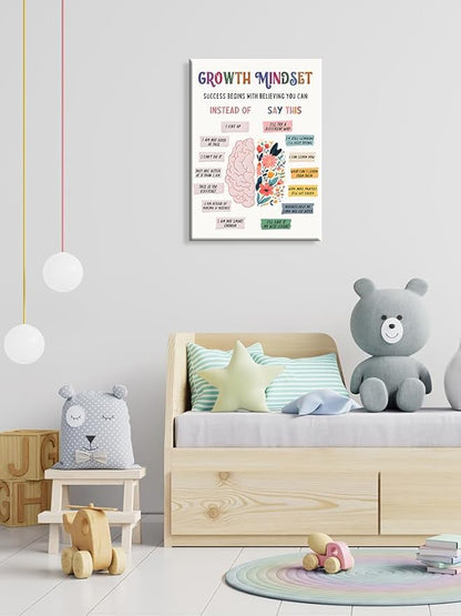 uoyien Growth Mindset Mental Health Posters Classroom Counseling Room Therapy Wall Decor Affirmations Quotes Canvas Wall Art Kids Special Educational Brain Neurodiversity Prints 12x16in Wood Framed
