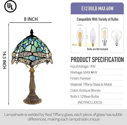 Small Tiffany Lamp Mini Accent Table Lamp Stained Glass Desk Memory Lamp Sympathy 8X14.5 Inch (Sea Blue Dragonfly Style)