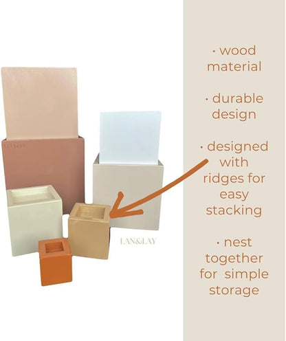 Wood Stacking Blocks for Toddlers 1-3 | LAN&Lay Durable Building Blocks | Wooden Educational Toys, Neutral