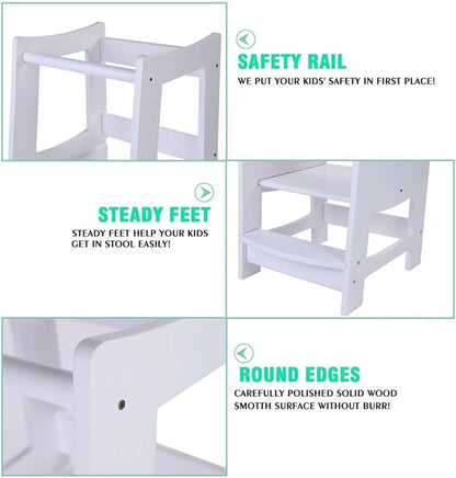 Toddlers Kitchen Step Stool with Safety Rail Kids Wooden Standing Tower for Kitchen Counter and Bathroom Sink, 3 Heights Adjustable Step Up Stool Mothers' Helper, Solid Wood Construction, White