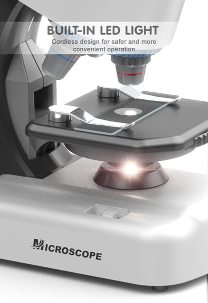 Kids Microscope - Up to 40-1200x Zoom, STEM Kit with LED Light & Prepared Slides