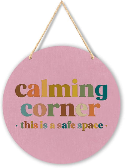 Calming Corner Hanging Wood Sign - Safe Space, Classroom Decor, School Counselor Office, Calm Down Corner Decorations, Boho Style, 10x8 Round Pink
