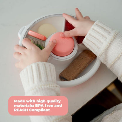 GoBe Kids Small Snack Spinner Slide Bundle with Hand Strap and Sticker Sheet - Reusable Snack Container with 5 Compartment Dispenser and Lid | BPA/PVC Free | Dishwasher Safe | No Spill