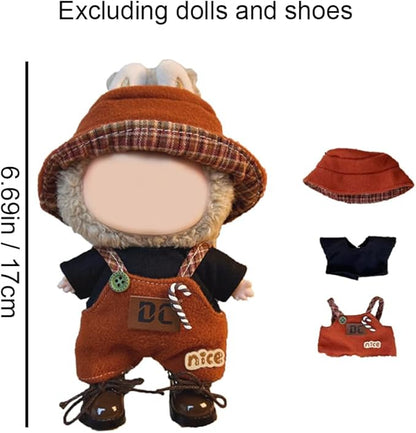 17cm Clothes Set, Cute Hat Unique Pocket Design Overalls Dress up Set(NO Doll), Handmade Clothing Designed for 17cm Doll (Brown Set)