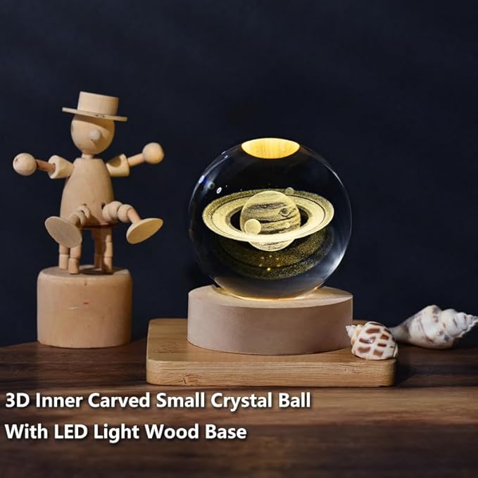 3D Saturn Globe Crystal Ball, Laser Engraved Planet Model Astronomy Sphere Decor, 2.4" Paperweight Crystal Universe Gifts for Kids, Space Model Collectors
