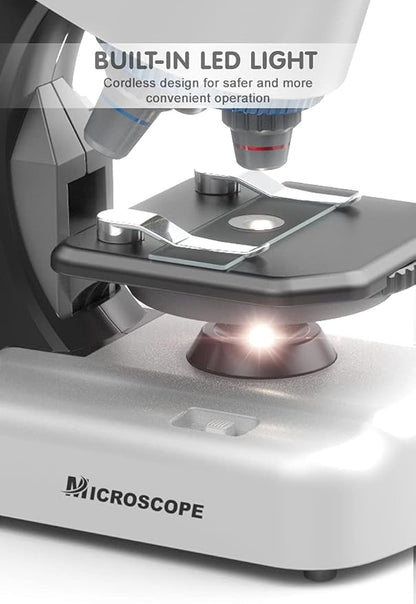 Kids Educational Microscope - Up to 40-1200x Zoom, LED Light, Glass Material, White Color, Perfect for STEM Learning & DIY Experiments