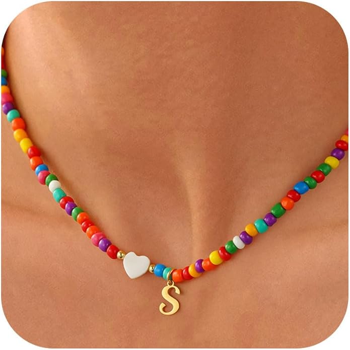 Colorful Initial Necklaces for Girls Women Kids - Teen Girls Gifts Trendy Beaded Initial Necklace Dainty Letter Gifts Choker Necklace for Girl Jewelry