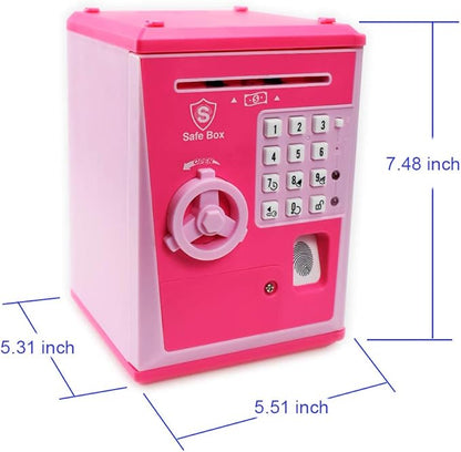 Toy Safe Box, Electronic ATM Piggy Bank, Money Coin Savings Bank, Finger Print Scanner Lock, Great Gift for Children Kids (Pink/Pink)