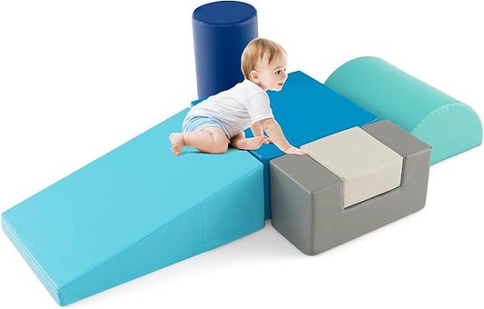 HONEY JOY 6-Piece Climb and Crawl Playset, Soft Climbing Foam Block Activity Play Structure Gym Equipment for Infant Baby, Color Coordination, Waterproof Indoor Climbing Toys for Toddlers (Blue)