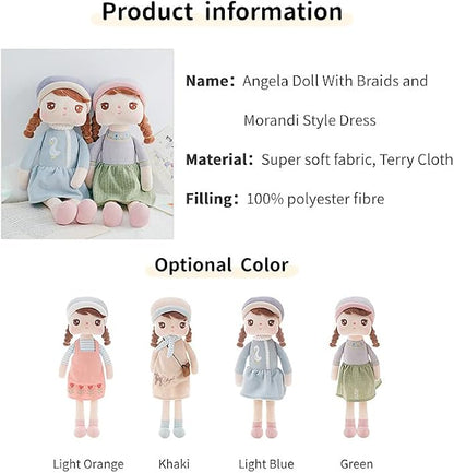 16" Exclusive Princess Doll, Cute Pigtail-Girl with a Hat Plush Doll, Soft Dolls Baby Girl Gifts, Non-Toxic Soft Skin-Friendly PP Cotton Plush Stuffed Angela (Bright Orange)