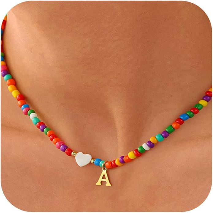 Colorful Initial Necklaces for Girls Women Kids - Teen Girls Gifts Trendy Beaded Initial Necklace Dainty Letter Gifts Choker Necklace for Girl Jewelry