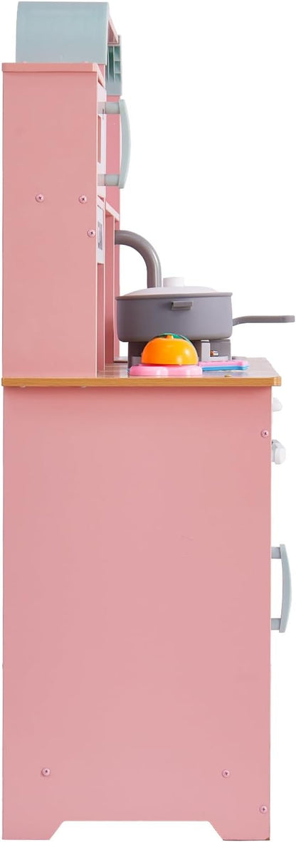 VEVOR Wooden Play Kitchen Toy, Play Kitchen for Kids with Lights and Sounds, Toddler Kitchen with Ice Maker, Oven, Sink, Microwaves, Fridge and Utensil and Fruit Accessory for Toddlers Ages 3-8, Pink