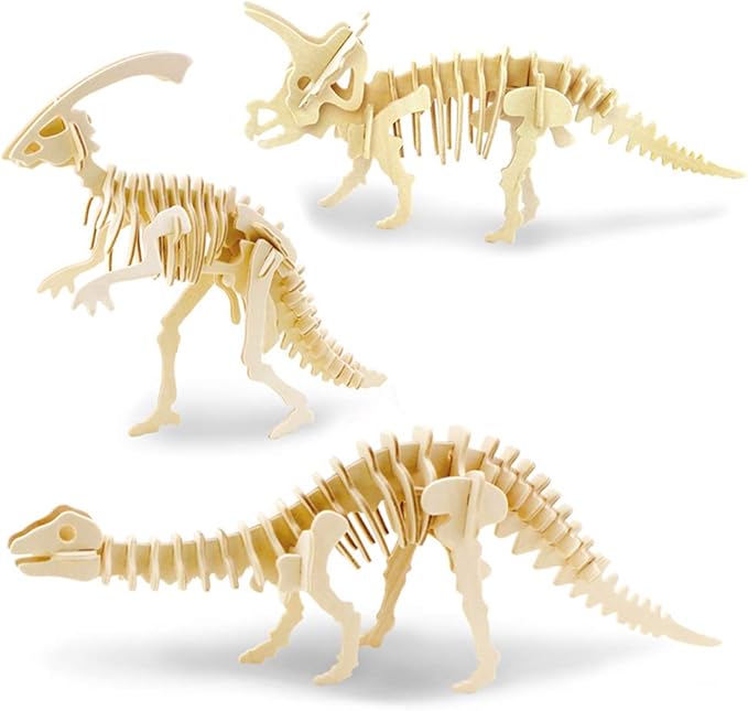 Georgie Porgy 3D Wooden Puzzles for Kids Toys Construction Woodcraft Kits DIY Model Puzzle Kits Birthday Gifts Pack of 3 (Parasaurolophus Apatosaurus Triceratops)