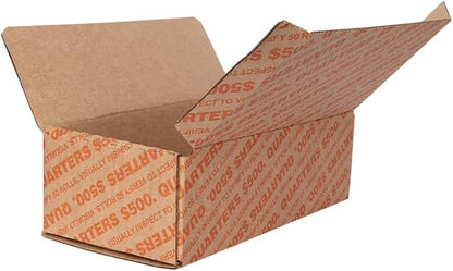 Quarter Coin Holder Box - Pack and Ship Coin Storage Box - Package of 50 - Orange and Brown - Holds 50 Rolls of Wrapped Coin - $500 Capacity