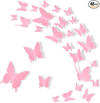BBTO 48 Pieces Butterfly Wall Decor DIY Mirror 3D Butterfly Stickers Removable Decals for Home Bedroom School Bathroom Living Room Decor(Pink)