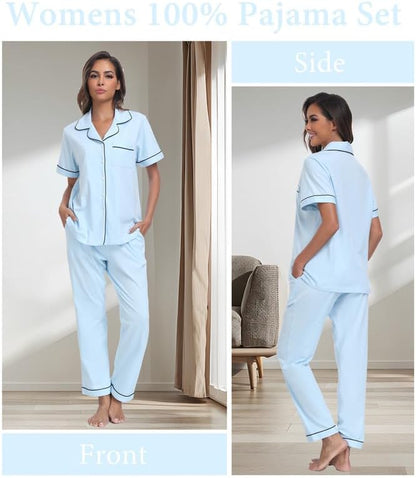 CF Womens 100% Cotton Pajamas Set Button Down Pjs Sets Short Sleeve Top & Long Pants Sleepwear Comfy Loungewear with Pockets
