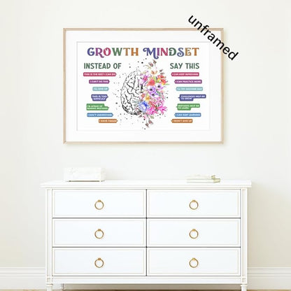 Classroom Growth Mindset Affirmations for Kids Mental Health Posters Brain Poster Psychology Special Education Calm Corner Wall Art Office Therapy Canvas Wall Decor Prints 12x16in Unframed