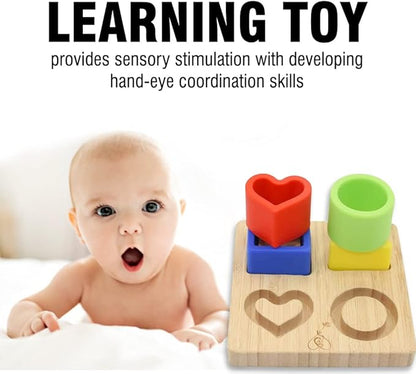 My Little Nugget Silicone (Heart) Puzzle Shape Toy with a Bamboo Base, Stacking Blocks, Safe Teething & Squeezing Play, BPA Free, Developmental and Educational Toy for Kids,