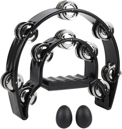 Tambourine Double Row Metal Jingles Bell Hand Held Percussion Half Moon Tambourines Musical Instrument for Adults Kids Party, KTV, Events, Church (Black)