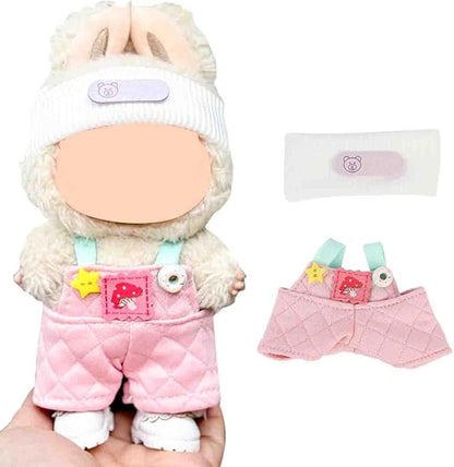 Doll Clothes for Labubu(NO Doll), for 17/15cm Plush Dolls, Clothing Suit Toy Figurine Outfit Set Dress Up with Kawaii Style Accessories, Multicolour Overall and Cute Hat or Headwear (LB105)