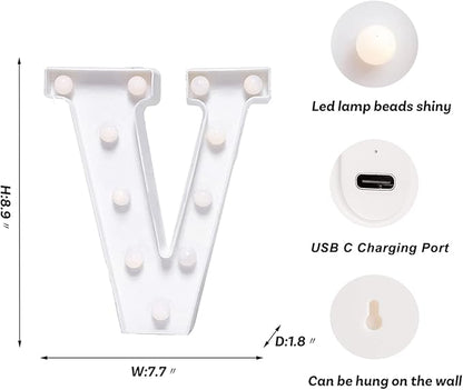 Foaky Rechargeable LED Letter Lights Sign Marquee Light Up Letters Sign for Night Light Wedding/Birthday Party Christmas Lamp Home Bar Decoration (V)