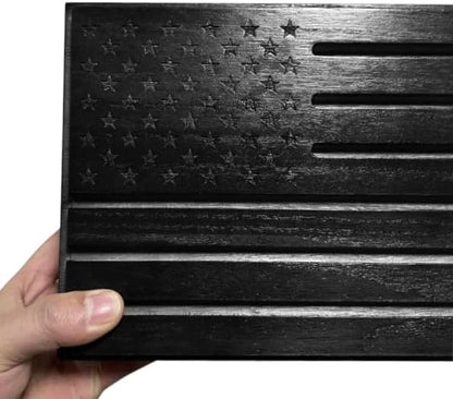 Black Military Challenge Coins Display Holder with American Flag,Solid Wood Challenge Coin Stand with Drawer,Challenge Coin Display Case for Collector, Military Coin Holder Rack for Desk