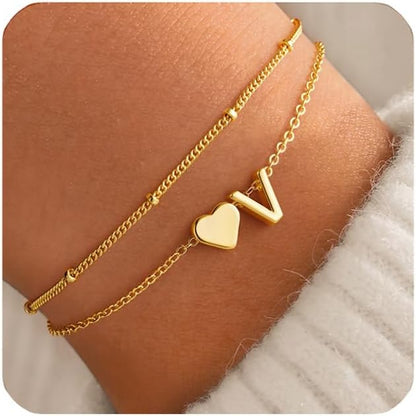 M MOOHAM Initial Heart Bracelets for Women - Layered Dainty 14K-Gold-Plated Heart Letter A-Z Charm Bracelets for Women, Chain Link Charm Bracelets Beaded Bracelets Birthday Gifts Womens Jewelry