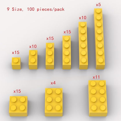 100 Piece Classic Building Blocks, 9 Size Yellow Bulk Assortment Pack, Compatible with Lego Parts, Color: Yellow, A0001